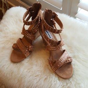 Rose gold and tan suede studded wedges